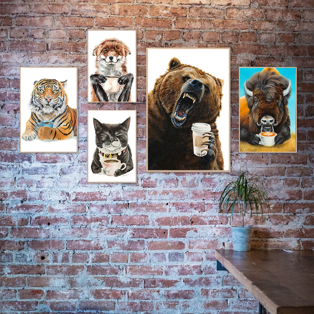 

Animals Drinking Coffee Poster Prints Llama Latte Cat Wolf Grizzly Tiger Fox Canvas Painting Modern Kitchen Bar Wall Decor