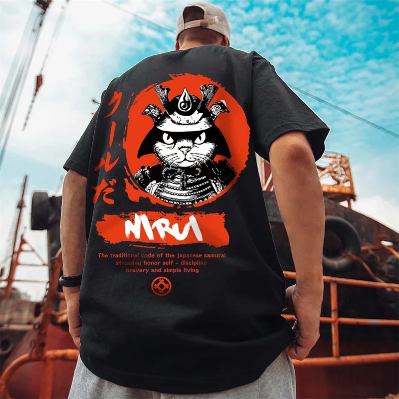 

Men's Summer Samurai Cat Print T-shirts 2022 Oversized Short Sleeve Tshirt Japanese Streetwear Tops Tees Harajuku Y2K Clothes
