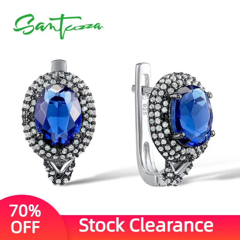 

Santuzza Silver Stud Earrings for Women Blue Stone White Cubic Zirconia Ladies Pure 925 Sterling Silver Party Fashion Jewelry