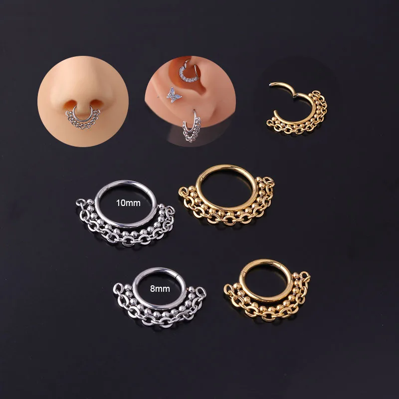 

316L Stainless Steel Piercing Nose Rings Septum Bead Chain Hinge Clicker Helix Daith Piercing Conch Tragus Body Jewelry Goth 16G