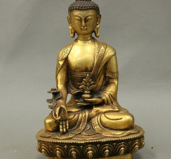 

8inch Folk Chinese Buddhism Bronze Menla Medicine Buddha Medical God Lotus Statue