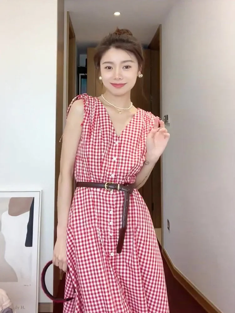 

Женское красное платье в клетку во французском стиле, летняя пляжная юбка с V-образным вырезом, нежная и приталенная юбка