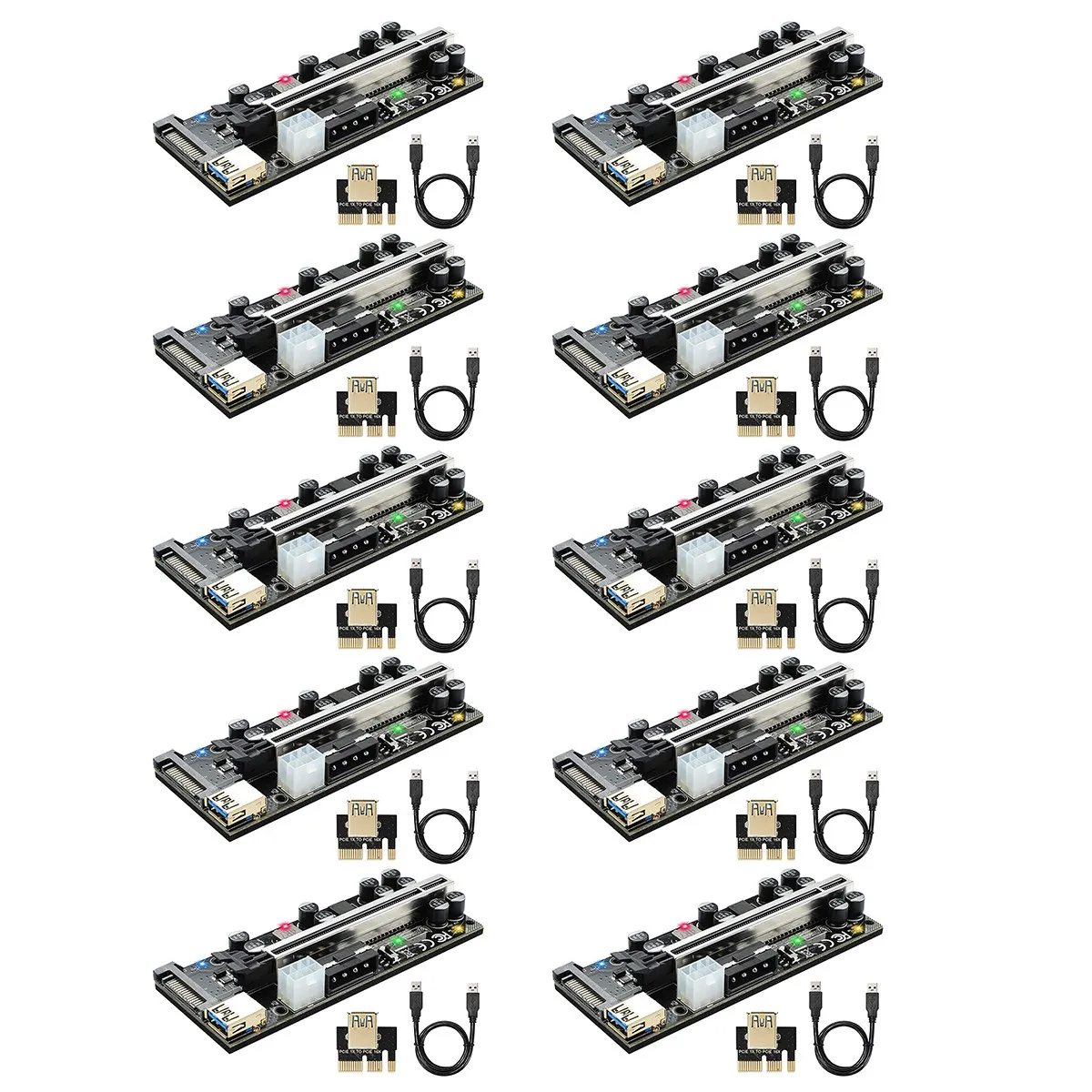 

10 Pcs V009S PRO Riser Card with 10 Capacitors and LED Switch Key PCI-E 1X to 16X Graphics Card Extension Cable for BTC