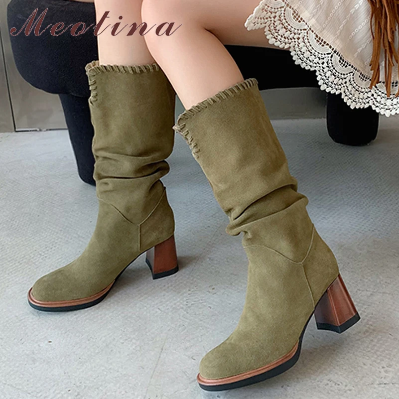

Meotina Women Genuine Leather Mid Calf Boots Round Toe Chunky High Heel Pleated Ladies Fashion Short Boot Autumn Winter Shoes