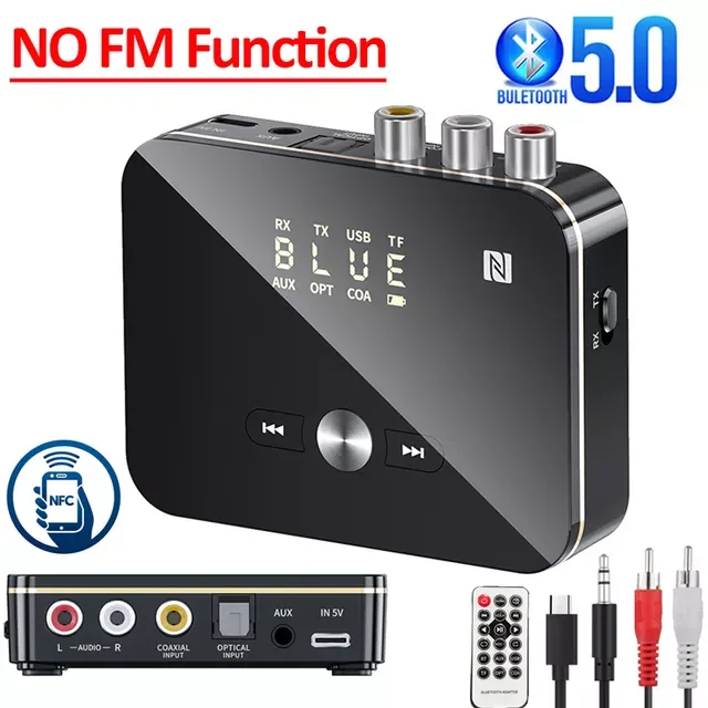 

5.0 Receiver Transmitter FM Stereo AUX 3.5mm Jack RCA Optical Dongle Wireless NFC Audio Adapter For TV PC Headphone