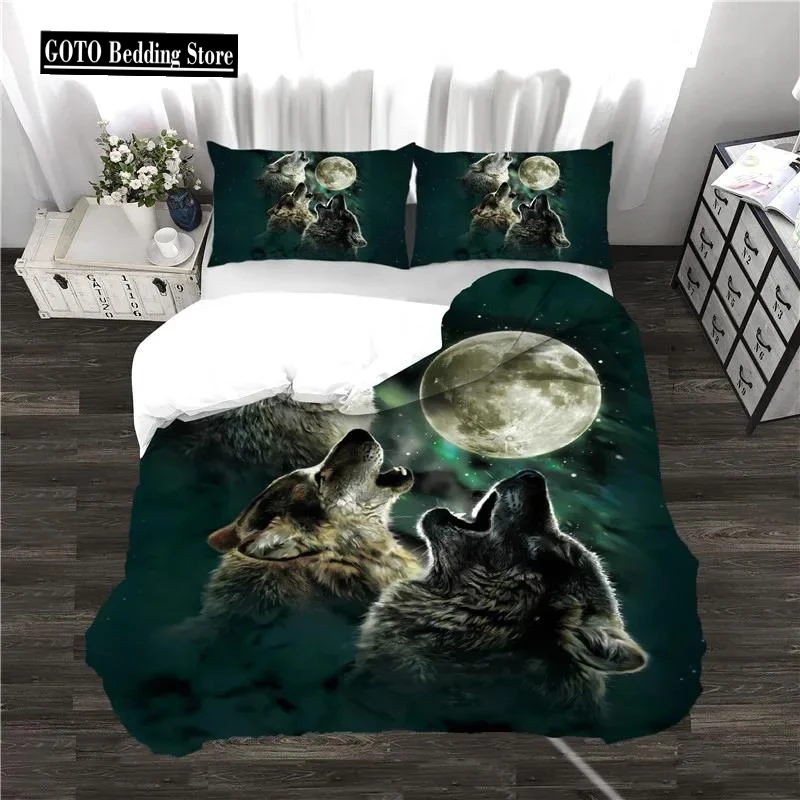 Wolf Howling At Moon Comforter Bedding Kids Teens Green Galaxy Universe Animal Quilt Cover Set Included:Duvet Pillowcase