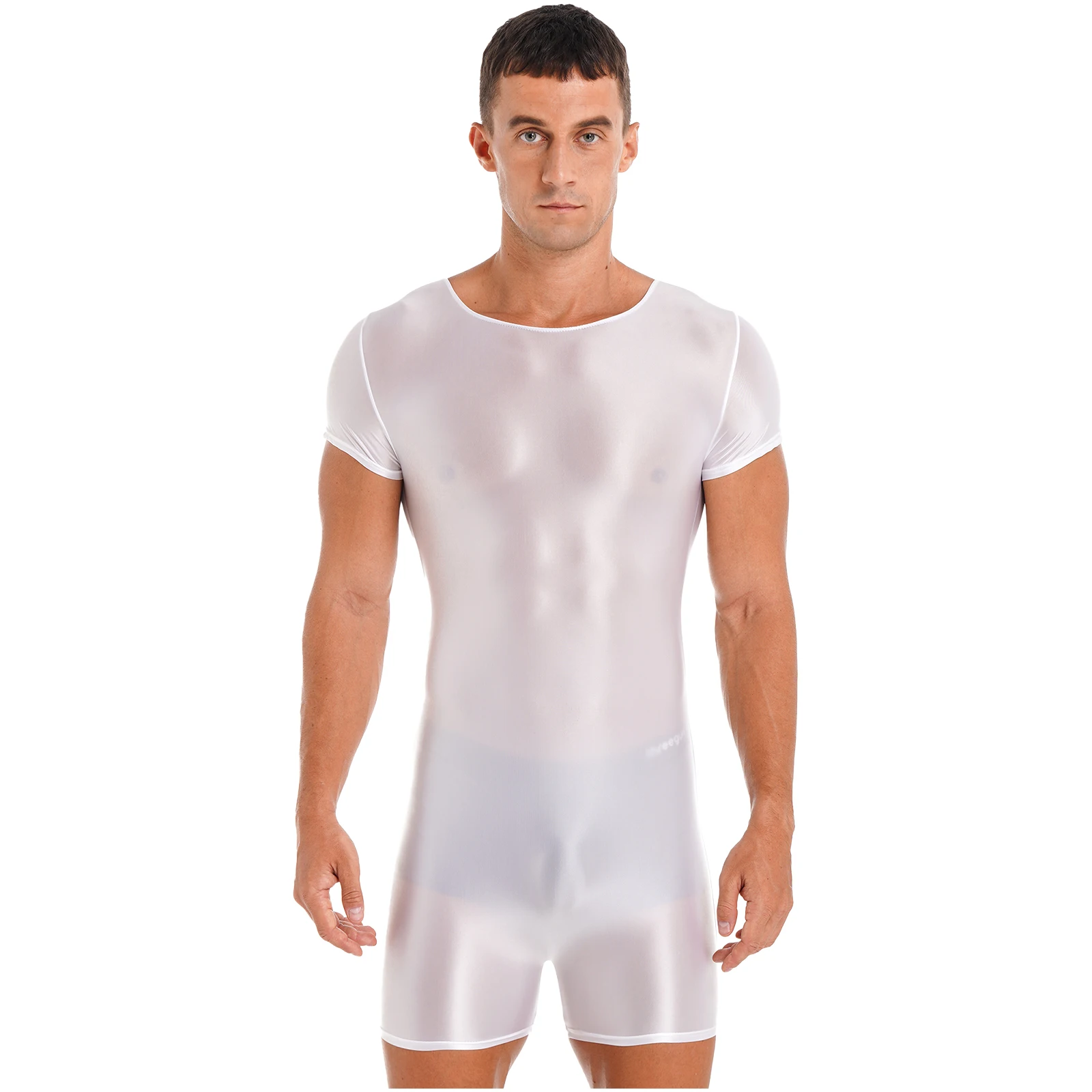 

Мужское однотонное блестящее боди с коротким рукавом и круглым вырезом