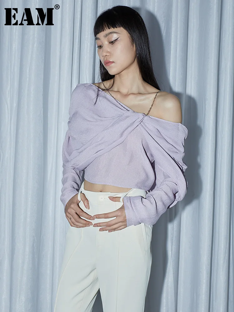 [EAM] Women Purple Pleated Knot Elegant Blouse New V-neck Long Sleeve Loose Fit Shirt Fashion Tide Spring Autumn 2023 1DE9452