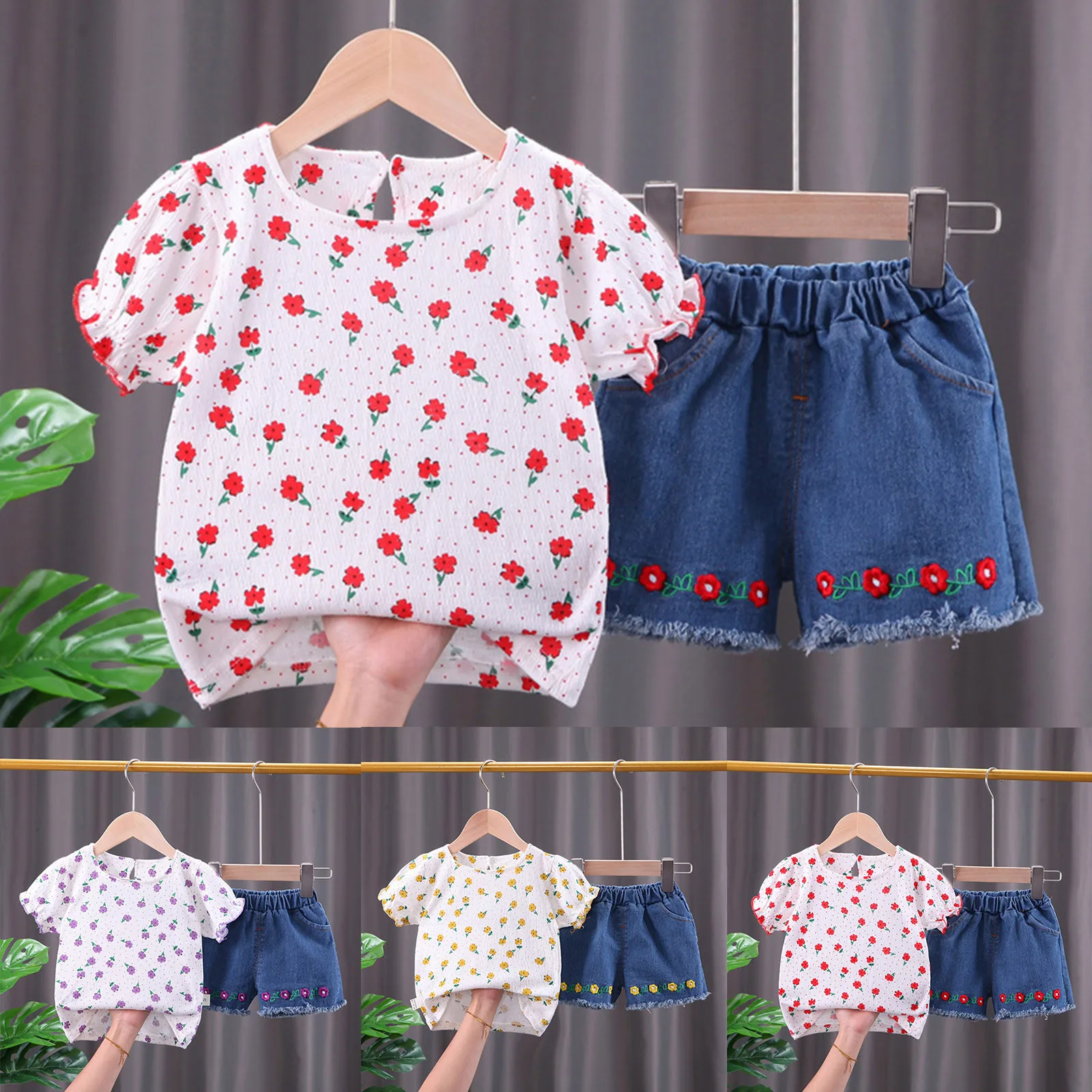 

1-4 Years Toddler Outfits Kids Girls Clothes Sets Floral Printed Short Sleeve T-Shirts+Jeans Shorts Sets Summer 2Pcs Outfits