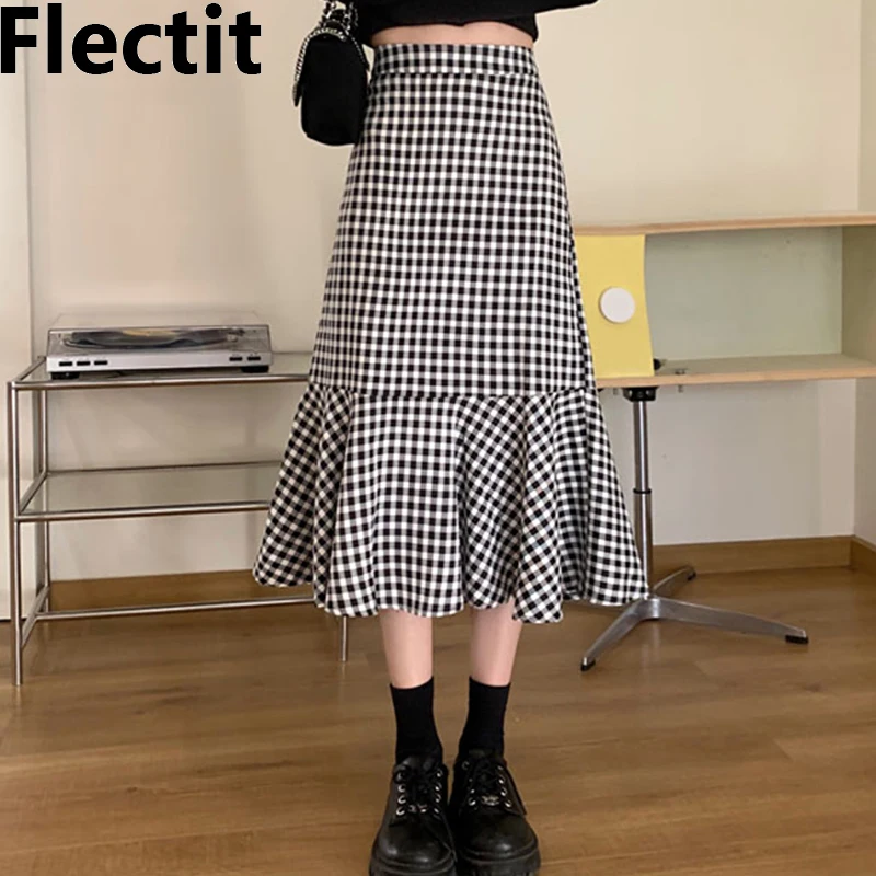 

Flectit Ruffled Gingham Skirt Women Cotton Plaid Elastic Waist Midi Mermaid Skirt Ladies Vintage Outfit