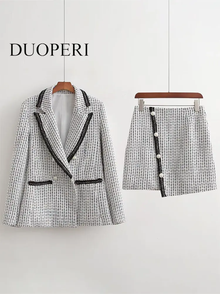 DUOPERI Women Fashion 2 Piece Set Plaid Double Breasted Blazer & Vintage Back Zipper Mini Skirt Female Chic Lady Skirt Set