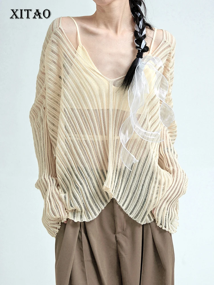 

XITAO, Модная тонкая рубашка в полоску с вырезом, темперамент, v-образный вырез, элегантная богиня, веер, Женский Осенний Свободный Асимметричный топ LYD1342