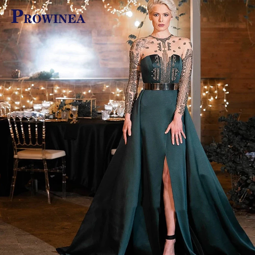 

PROWINEA Luxury Dubai Emerald Green Evening Dress 2023 Elegant Long Sleeve Beaded Arabic Women Muslim Formal Dresses for Wedding