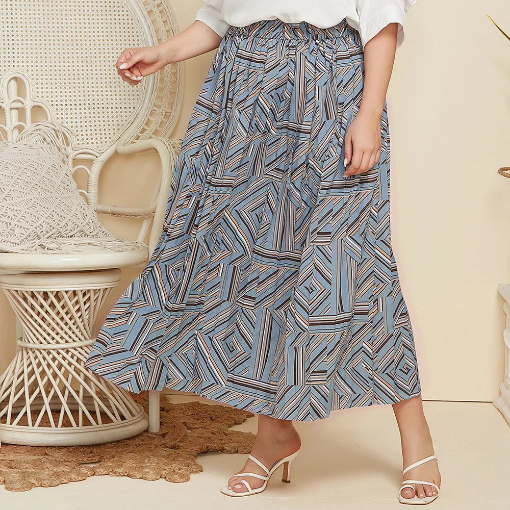 

Plus Size 4XL Women Spring Elegant Midi Skirts Geometry Floral Print Lady Skirts High Waist Elastic Design Female Skirts Bottoms