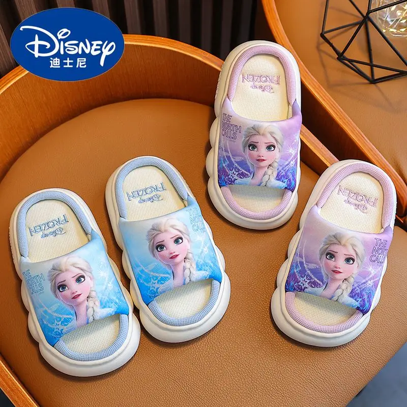 Disney Princess Elsa Home Slipper Frozen Girls' Breathable Non-slip Thick Sole Baby Floor Slippers Sandals Peep-Toe Blue Shoes images - 6