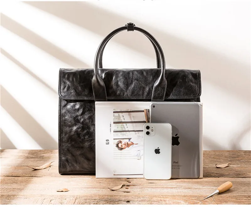 Vintage Casual High quality natural genuine leather men's black handbag Outdoor work laptop office real cowhide briefcase