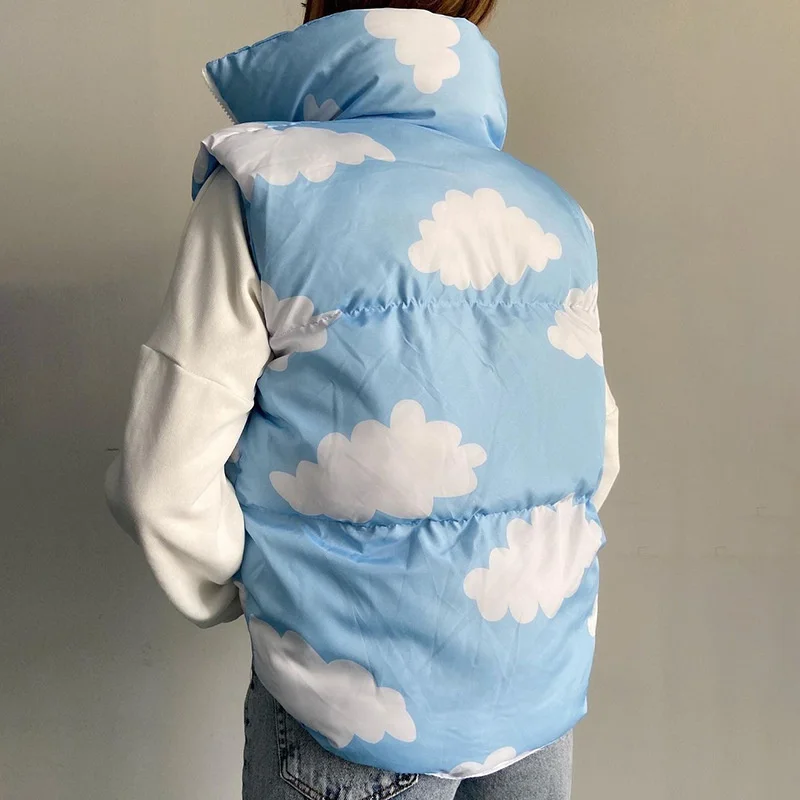 2022 New Sleeveless Print Vest Winter Warm Clothing Autumn Winter Reversible Waistcoat Zipper Drawcord Cotton Jacket Vest Top