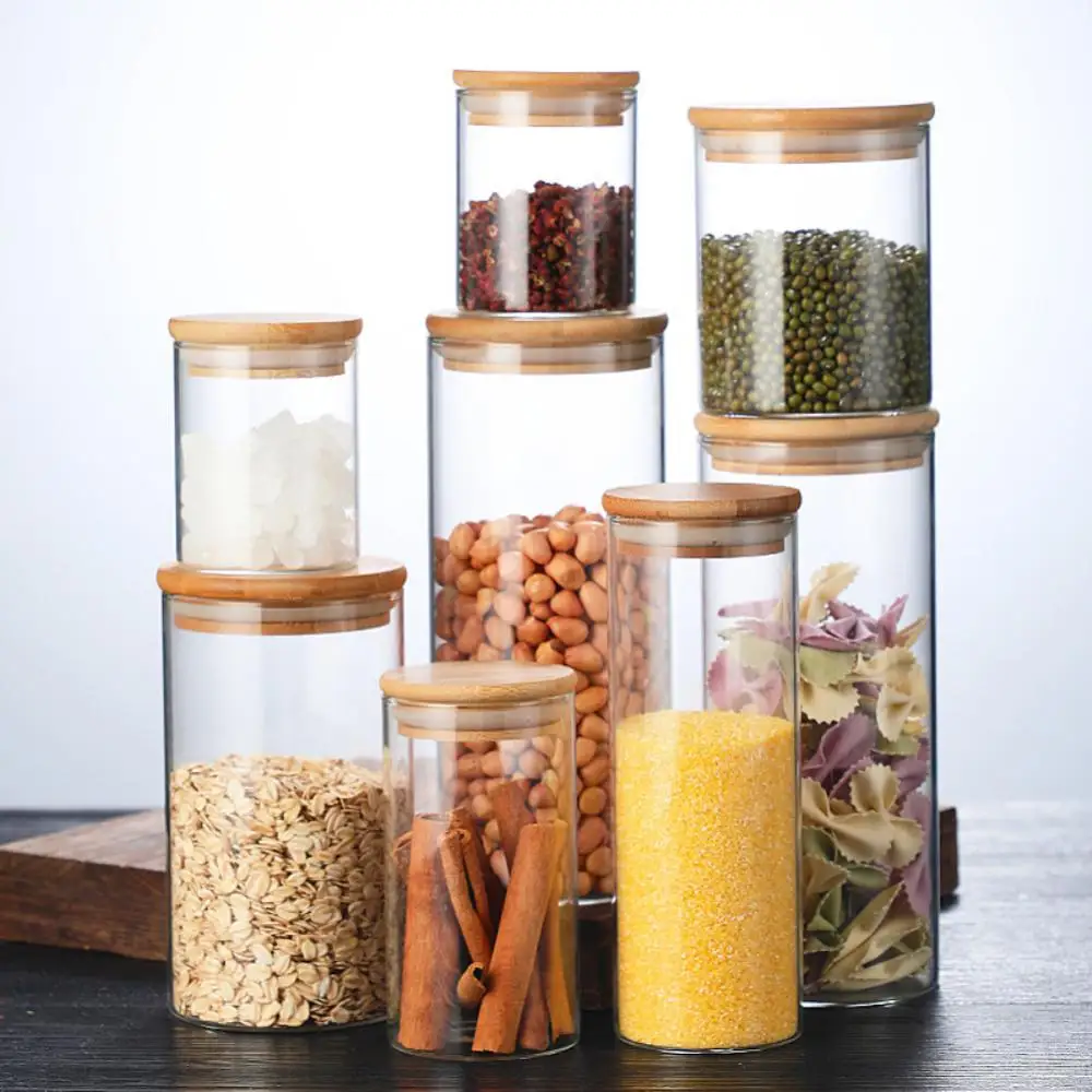 

Kitchen Storage Tank Glass Jar Coffee Seasoning Food Container Airtight Bamboo Lid Canister Storage Box Sealed Ring Bottles