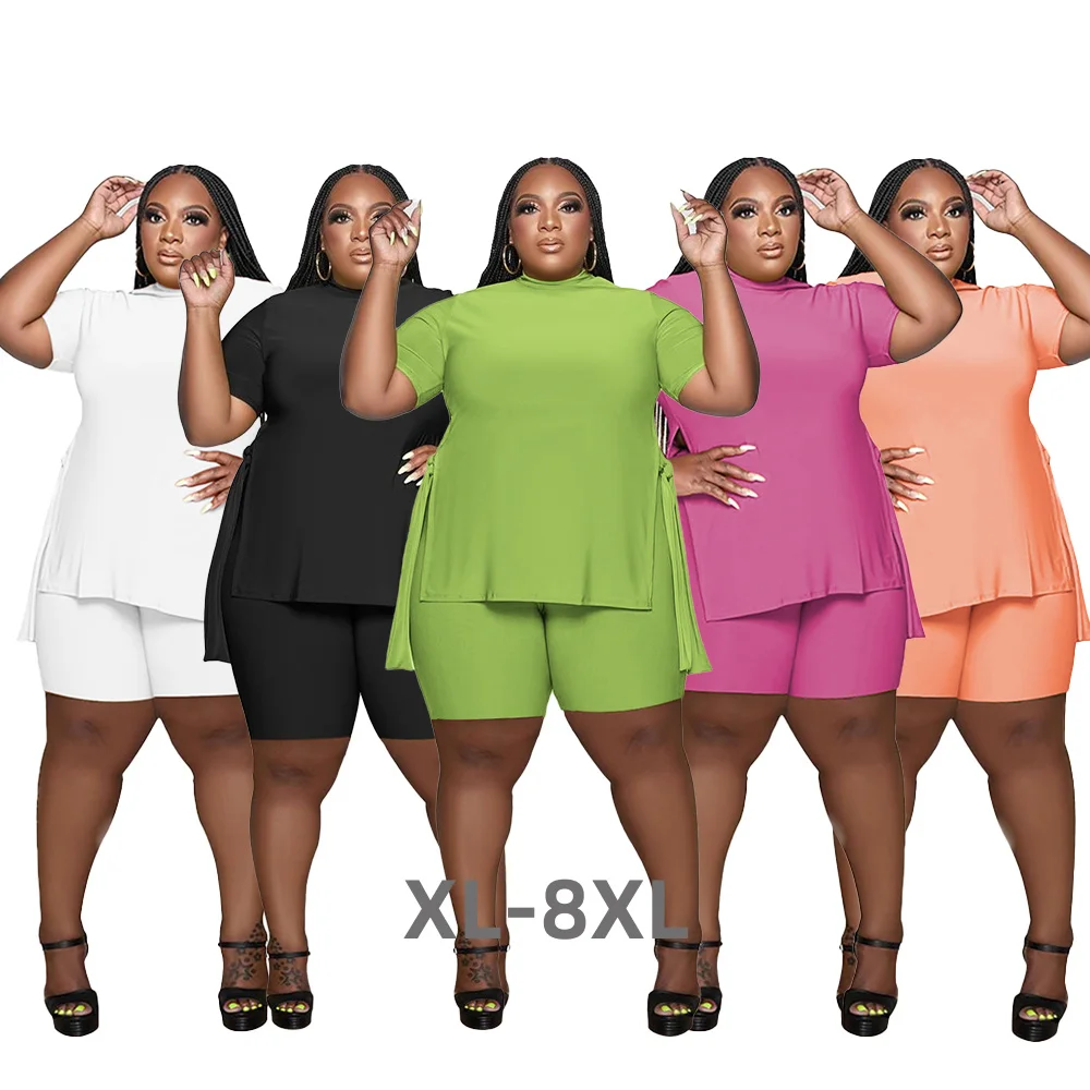 Plus Size Bright Solid Women t Shirt Set Sexy Split Short Sleeves High Waist Shorts Two-piece Set Casual 3xl 4xl 5xl 6xl