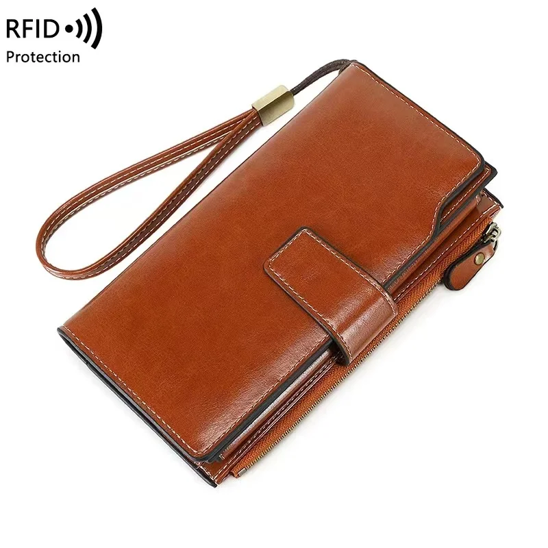 New European and American Long RFID Anti Theft Brush Vintage Leather Multi Card Large Capacity Men's and Women's Wallets