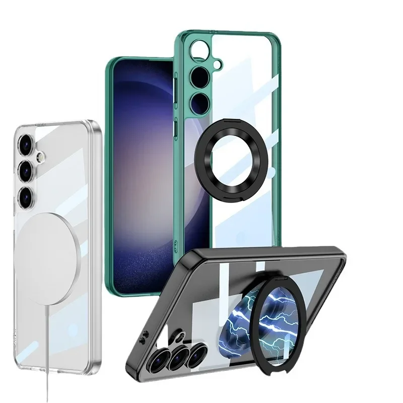 For Samsung S24 Ultra Phone Case Transparent Ring Stand Wireless Charging Compatible Motorcycle Electronic Accessories