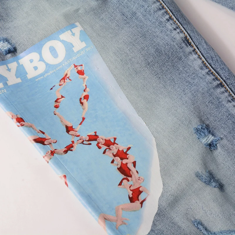 Newly Fashion Designer Men Jeans Retro Light Blue Stretch Slim Fit Patch Ripped Jeans Men Streetwear Hip Hop Brand Pants Hombre