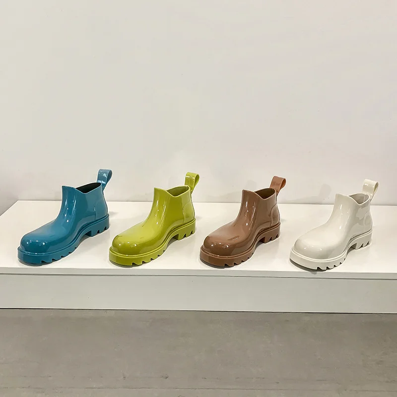 

candy color avocado rainboots women square toe thick heel jelly booties female height increasing ankle botines pvc boats mujer