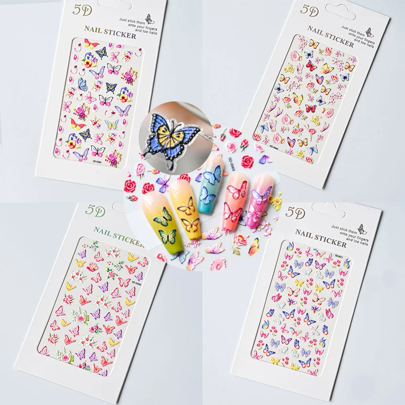 5D тисненные мультяшные бабочки цветы наклейки для ногтей миндальное печенье