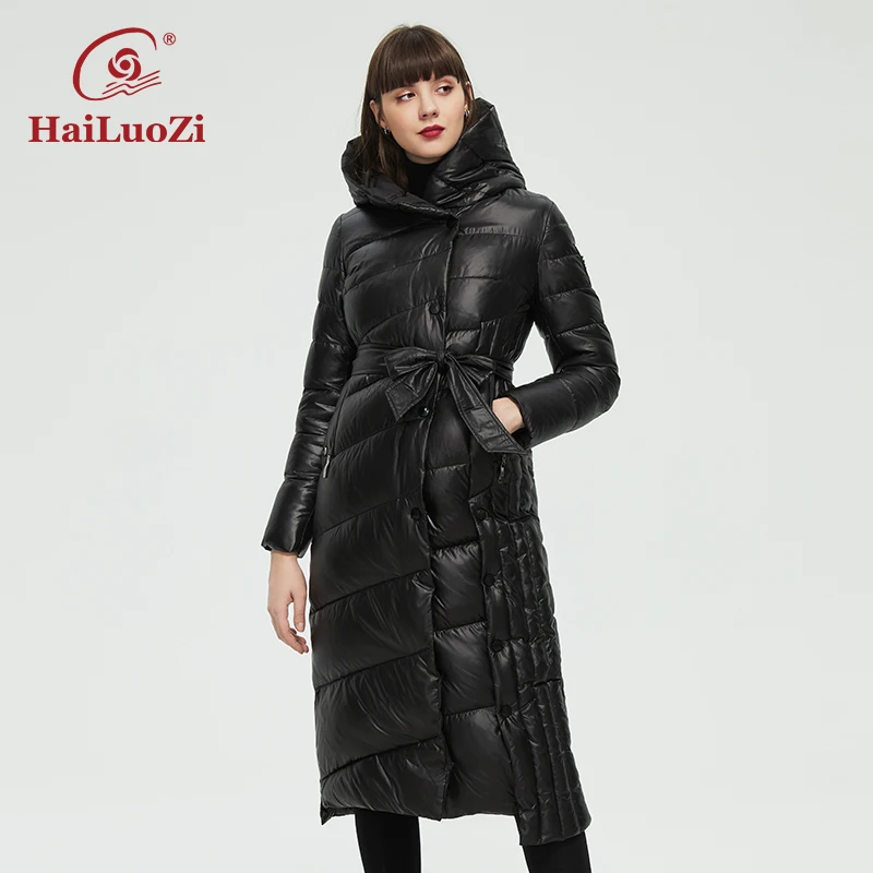 

HaiLuoZi 2022 New Winter Women's Jackets Long Belt Diagonal Jacket Thick Windproof Warm Solid Color Female Parka Women Coat 35