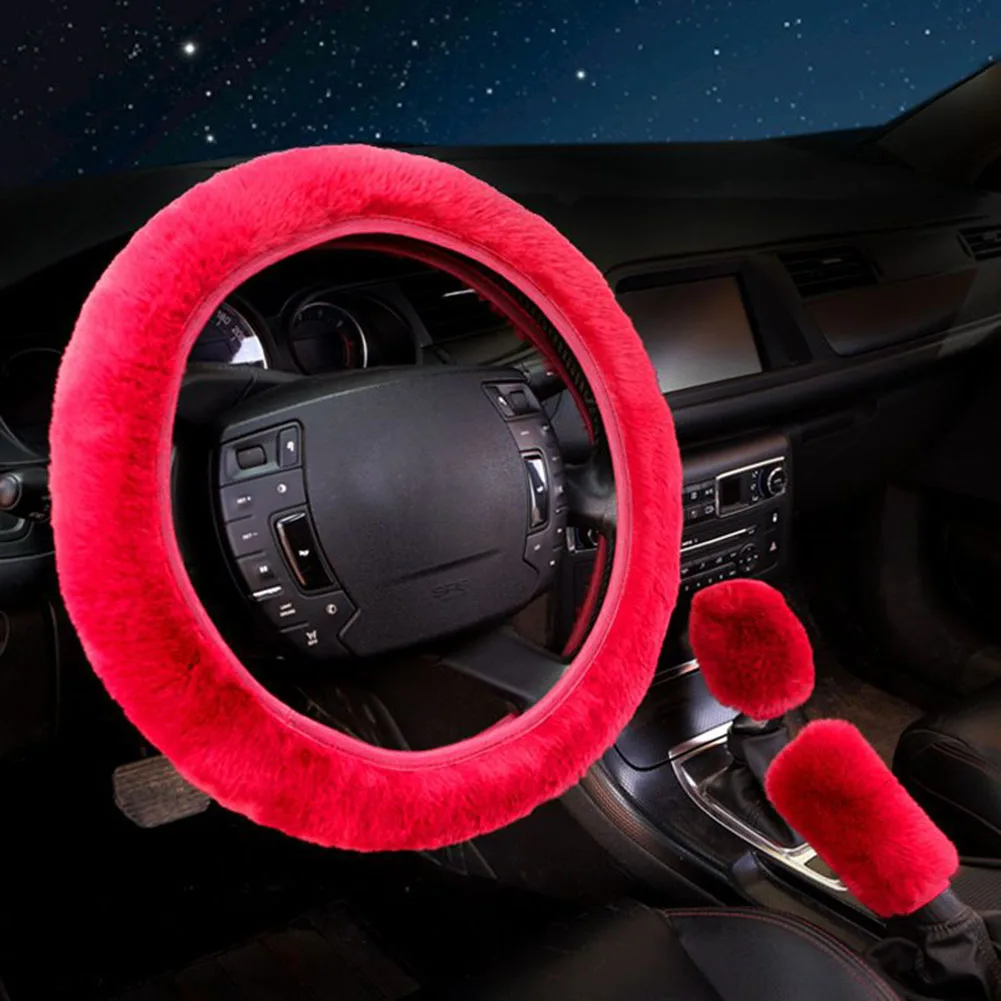 

3Pcs/Set Car Steering Wheel Cover Gearshift Handbrake Cover Protector Decoration Winter Warm Soft Thick Plush Collar