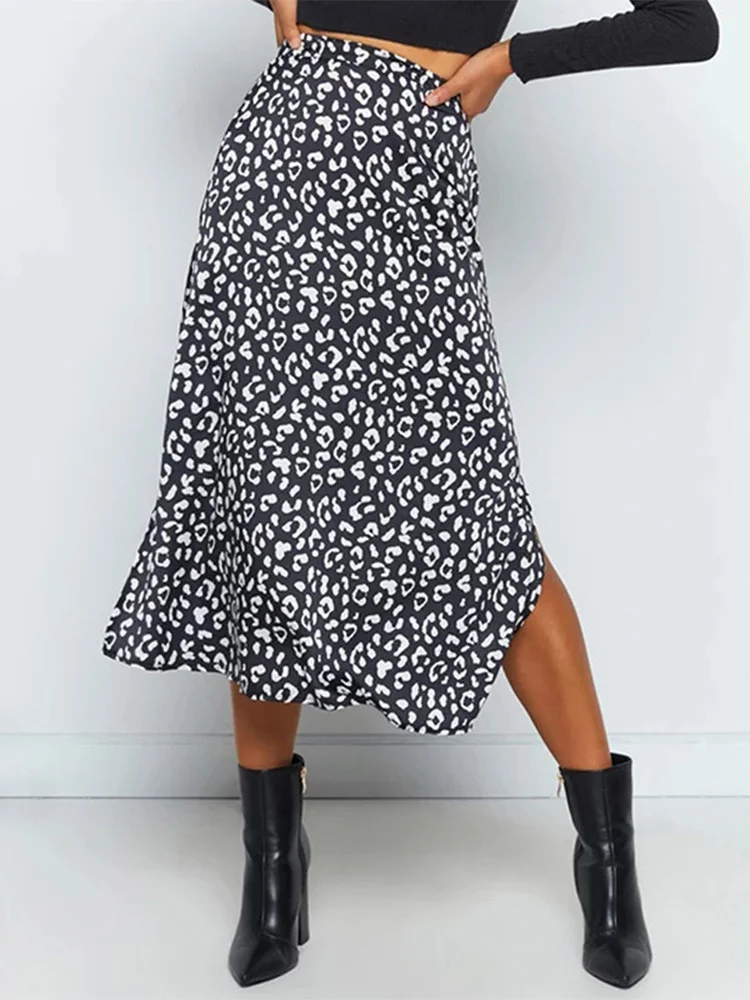

2022 New Sexy Leopard Print Chiffon Split Skirt Casual Elegant Long Skirts for Women Spring Summer Zip Fashion Female Skirt