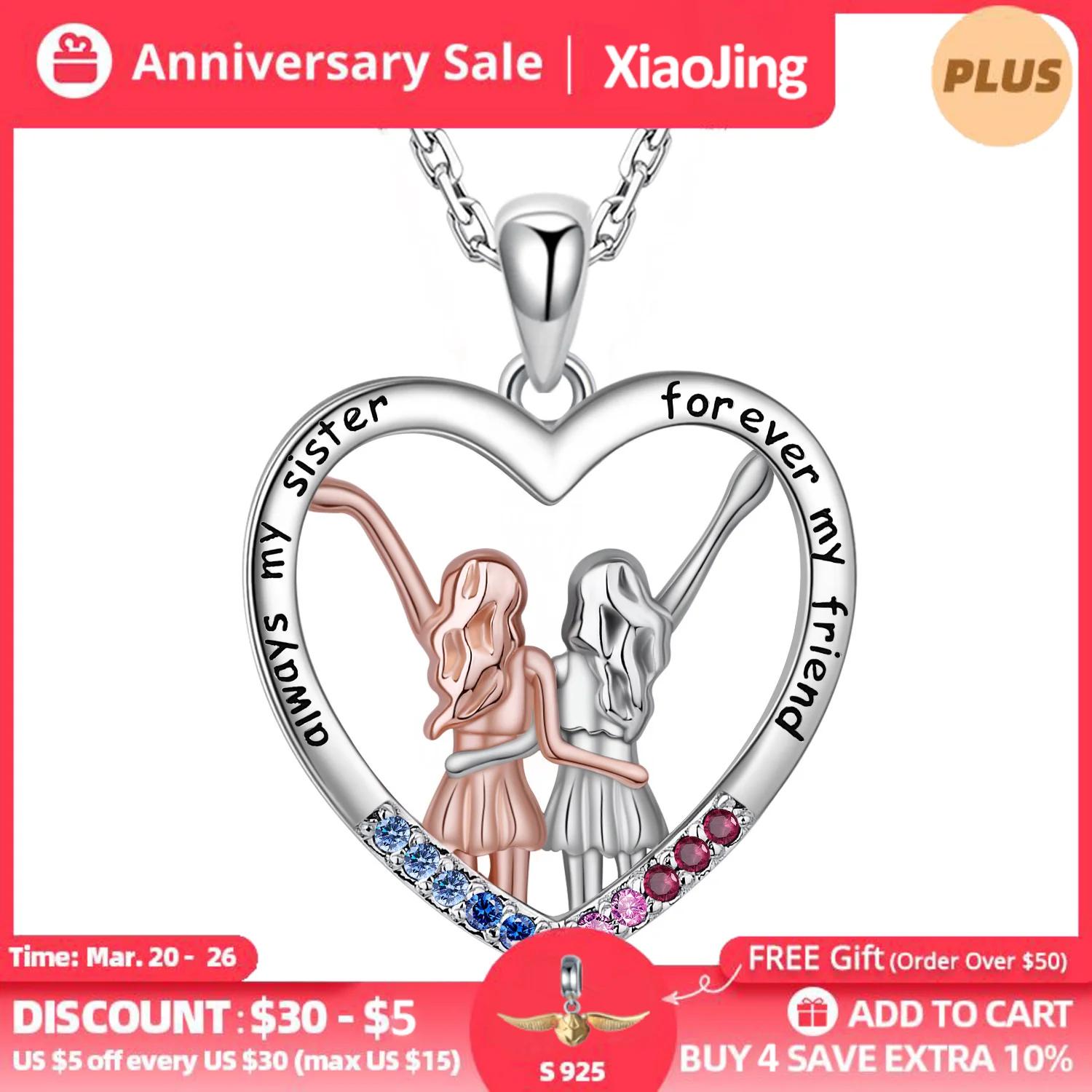 

925 Sterling Silver Sisters Necklace Always My Sister Forever My Friend Heart Pendant Necklace Fine Jewelry for Sisters Gifts