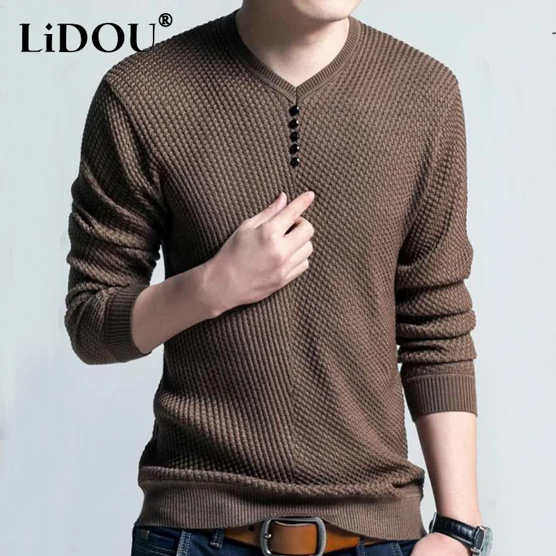 Spring Autumn Solid Knitting Fashion Korean Sweaters Man Long Sleeve Casual Pullover Button Vintage Y2K Streetwear Male Clothes