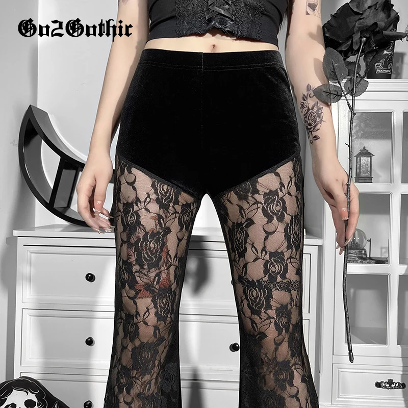 

Goth Flared Pants Harajuku Sexy See Through Women Trousers Punk Grunge High Waist Pants Woman Summer Y2K Black Lace Mesh Pants
