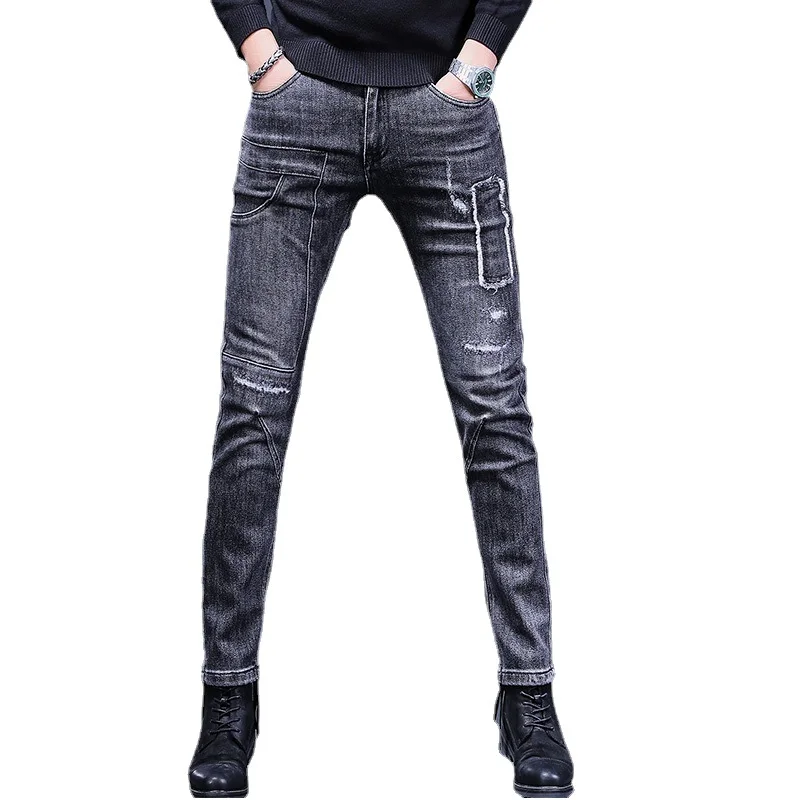 Autumn Men's Black Gray Ripped Jeans Slim Fit Straight Pants Streetwear Fashion Patchwork Patch Denim Trousers CP2006