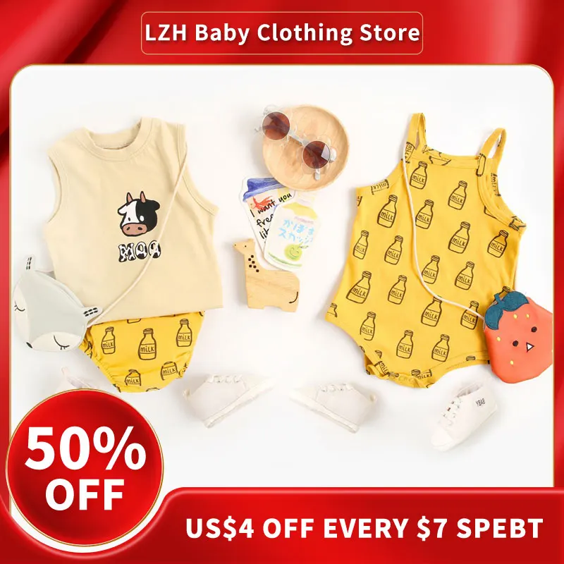 LZH Newborn Baby Rompers 2022 Summer New Cute Baby Clothes For Girls Jumpsuit Infant Feeding Bottle Printing Suspender Baby Sets