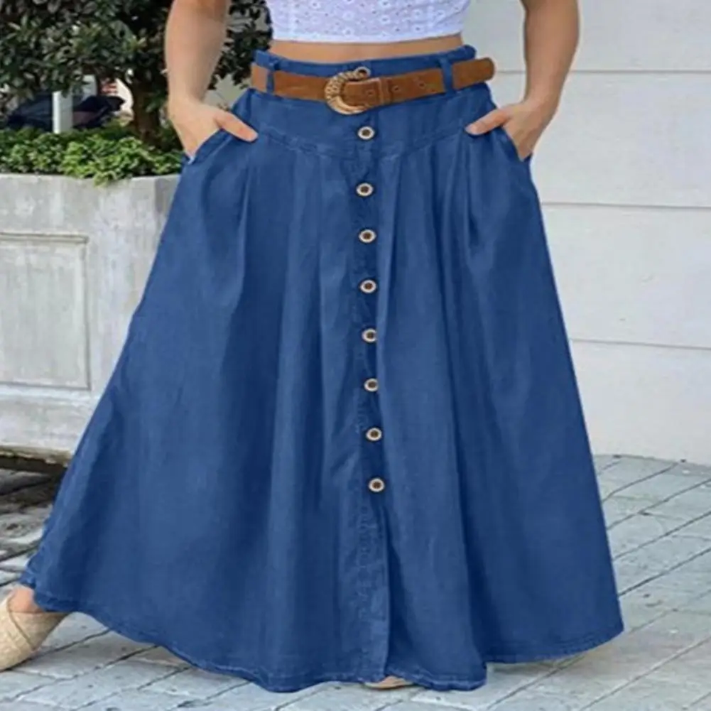 

Women Skirt Solid Color High Waist All Match Button Decor A-line Summer Maxi Skirt Female Women's Spring Maxi Skirts 2022