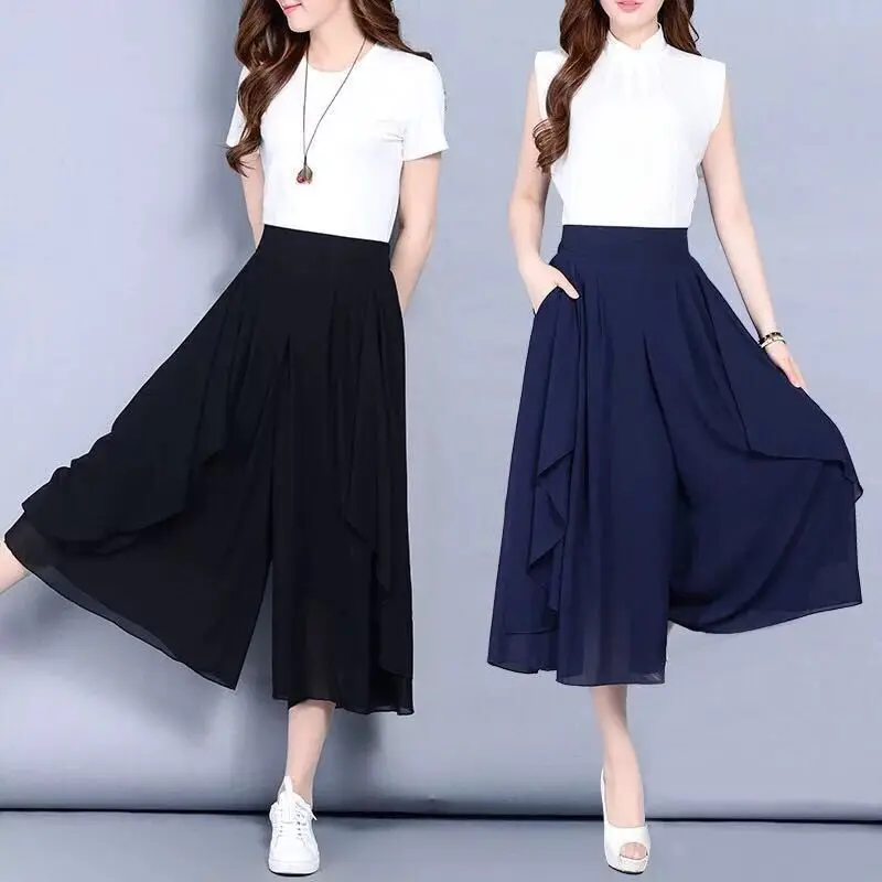 

Elastic High Waist Slim Elegant Chiffon Capris Female Pants Skirts Women Summer Wide Leg Medium Long Leisure Loose Trousers E93