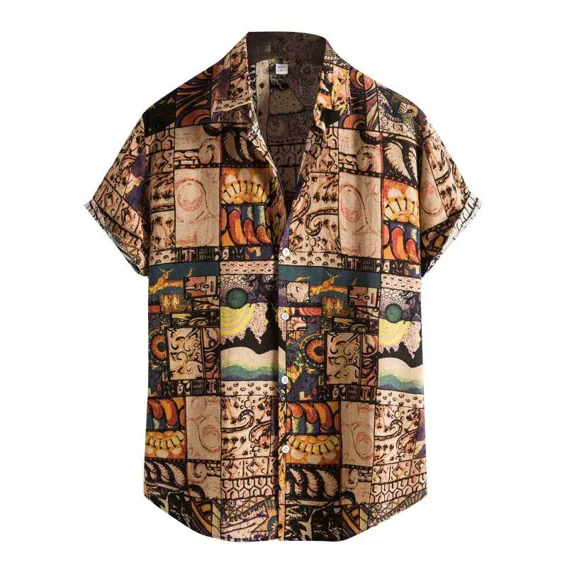 

Men Shirt Ethnic Printed Shirts Summer Retro Vintage Streetwear Short Sleeves Button Harajuku Blouse chemise Homme Ropa Hombre