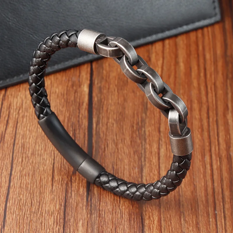 

New Men's Black Stainless Steel Chain Leather Bracelet Punk Hip Hop Rock Weaving Vintage Wristband Jewelry Gift Wholesale