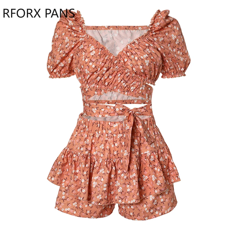 Женский шикарный укороченный топ Gdisty с цветочным принтом и оборками на подоле