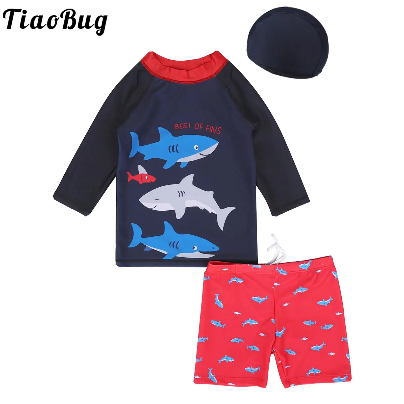 

Kids Boys Summer Swimwear Two Piece Rash Guard Swim Trunks Set with Hat 3/4 Sleeve Lovely Cartoon Shark Print Bathing Swimwear