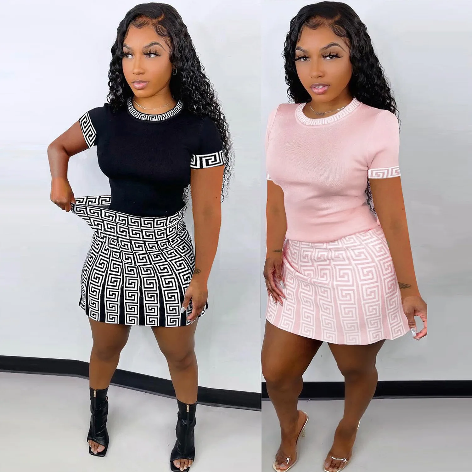 

Sexy Two Piece Set for Women 2022 Casual Fashion Striped Print O Neck T-shirt Mini Skirt Suit Nightclub Elegance Party Outfits