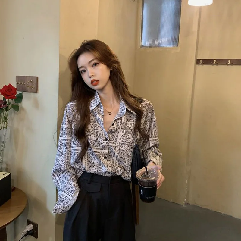 Spring Summer 2023 New Korean Style Loose Shirt Tops Ladies Long Sleeve Printing Blouse Fashion Casual Women Clothing