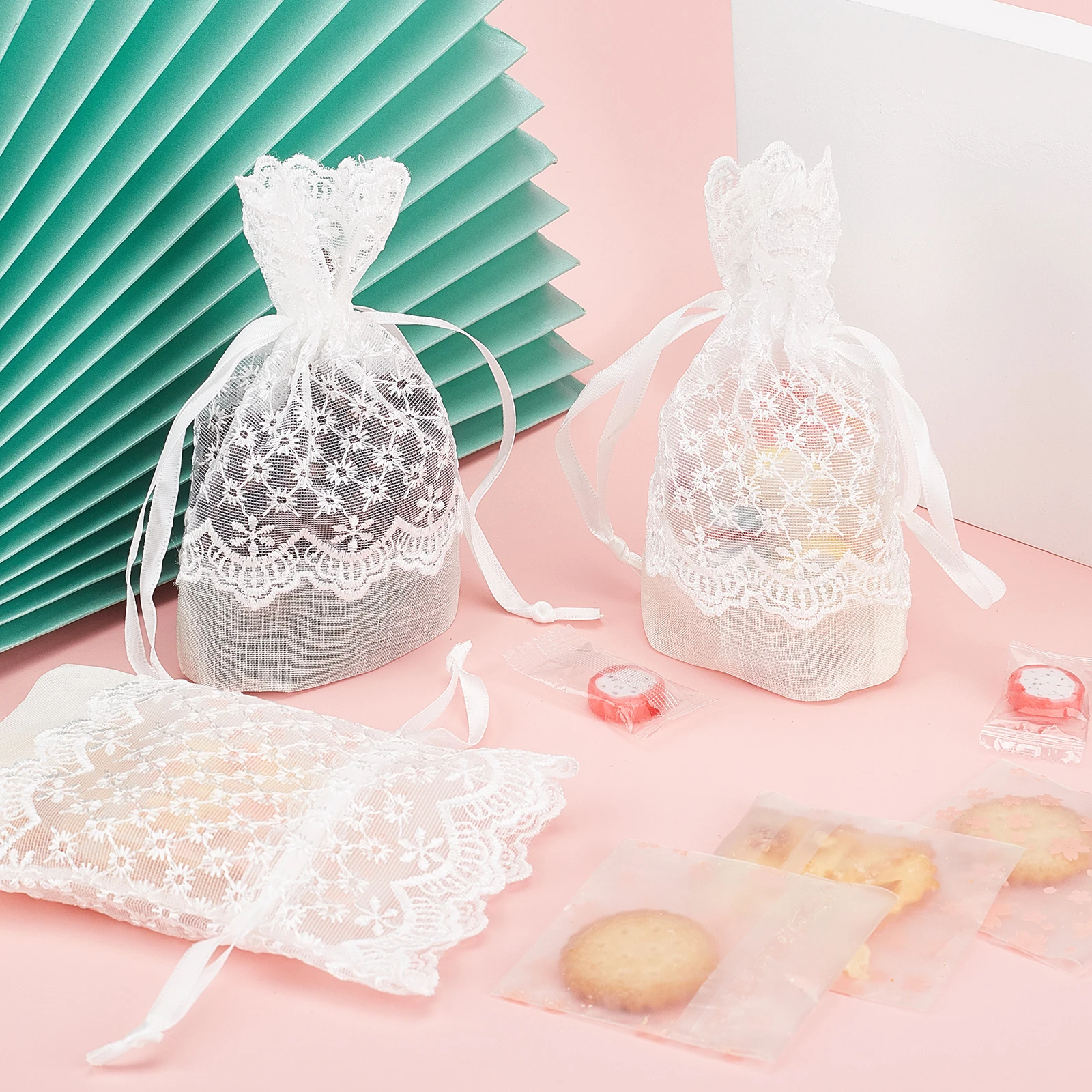 12pcs Polyester Lace & Slub Yarn Drawstring Gift Bags for DIY Jewelry Party Packaging Wedding Favor Bag 14~24x10~17x0.3cm