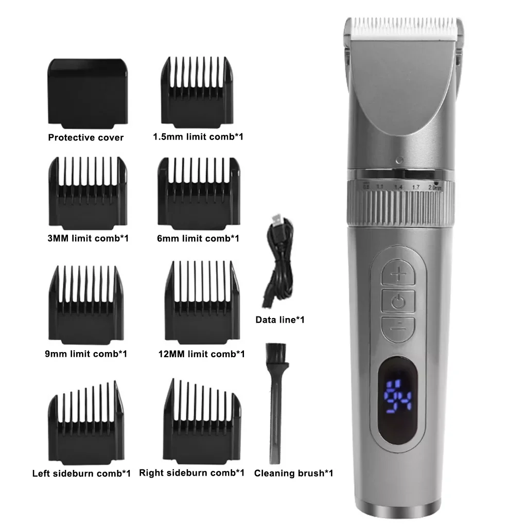 12pc/Set Hair Shaver USB Rechargeable  LED Digital Display Hair Clipper IPX7 Waterproof Beard Trimmer With Lock Function