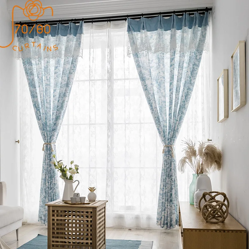 New Blue Ink Blue and White Retro Cotton and Linen Jacquard Lace Stitching Curtains for Living Room Bedroom Finished Product