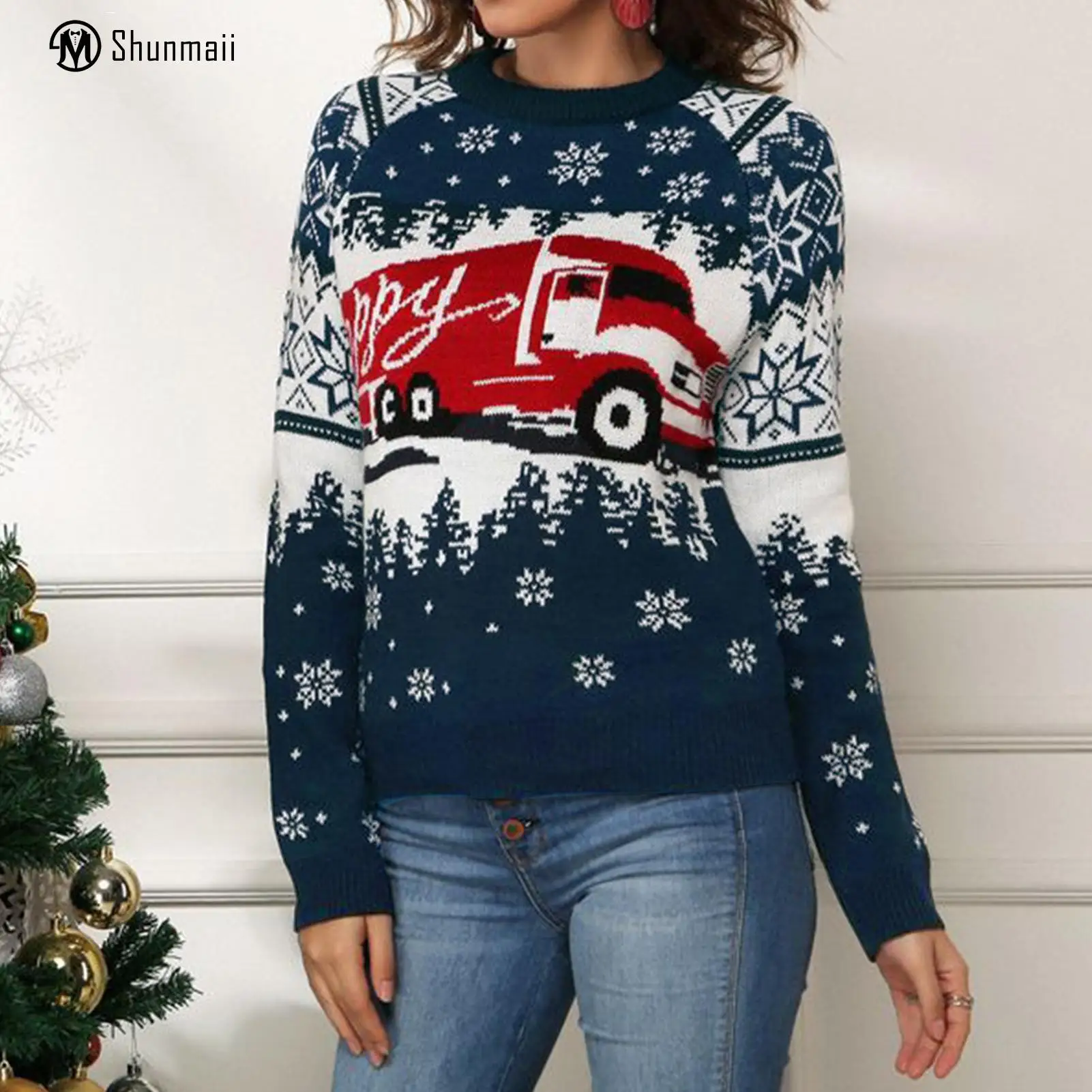 

Snowflake Truck Pattern Women Sequin Winter Sweater Loose Fit Navy Blue Jumpers Casual Crew Neck Christmas Style Daily Outfit