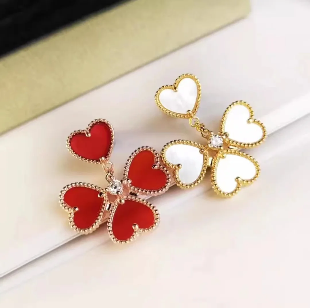 

Luxury Brand Quality V Gold Sweet Clover Leaves Heart Hanging Earrings For Women Classical Designer Jewelry Party Wedding Bijoux