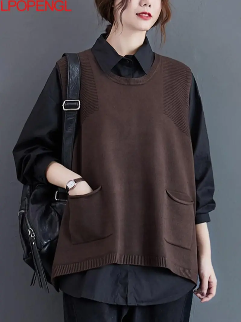 

Осенне-зимний Новый Винтажный жилет большого размера Женский вязаный жилет с карманами однобортный женский модный Повседневный Топ